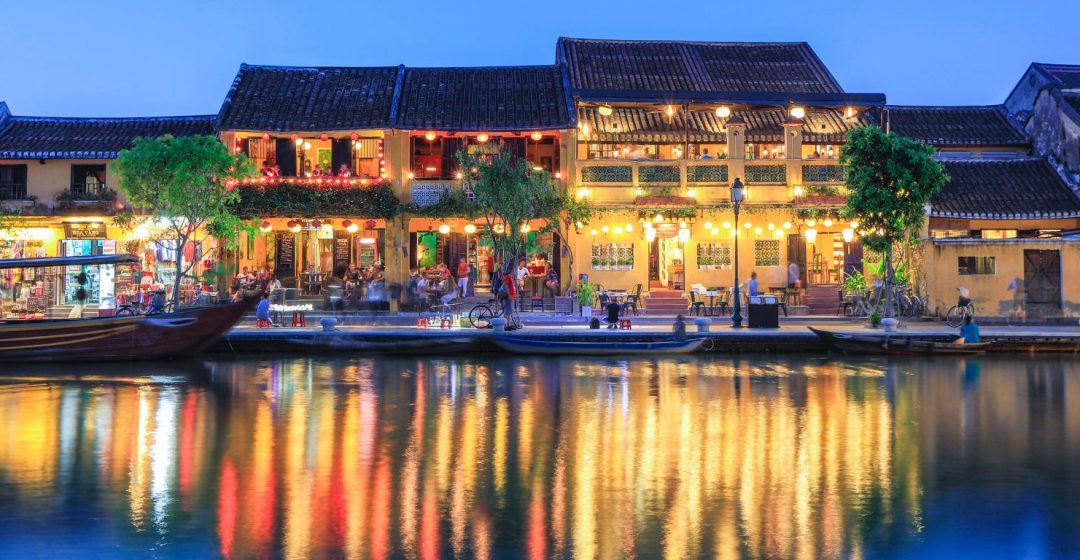 Shops overlooking the river in central Hoi An, Vietnam