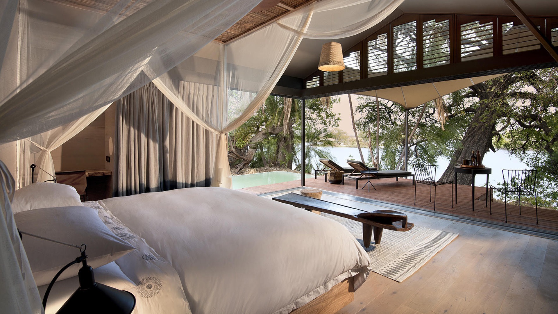 Bedroom overlooking Zambezi River, Thorntree River Lodge, Zambia